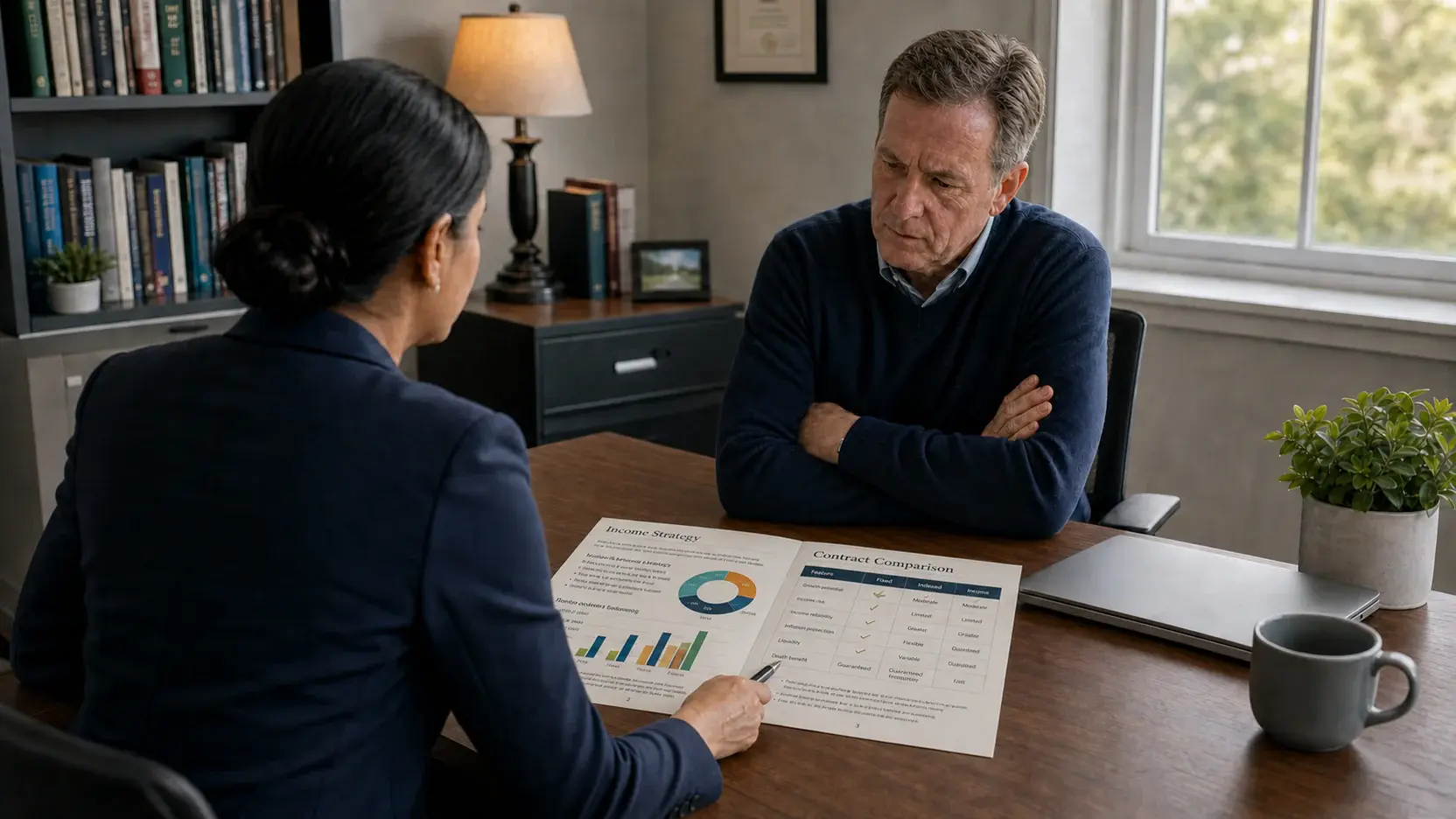 A financial advisor explaining retirement-income tradeoffs to a client at a desk.