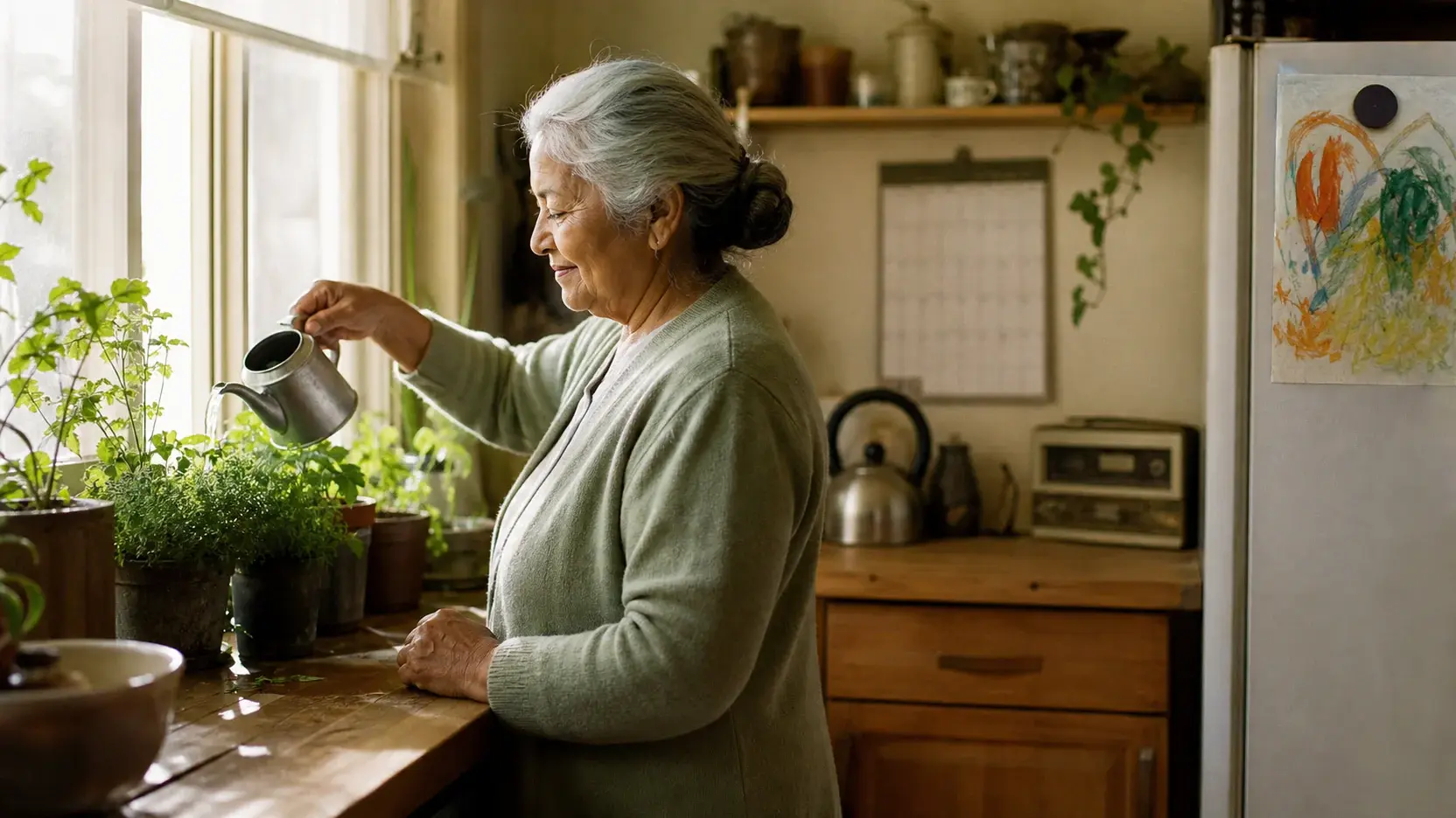 An older woman watering fresh herbs in her kitchen.