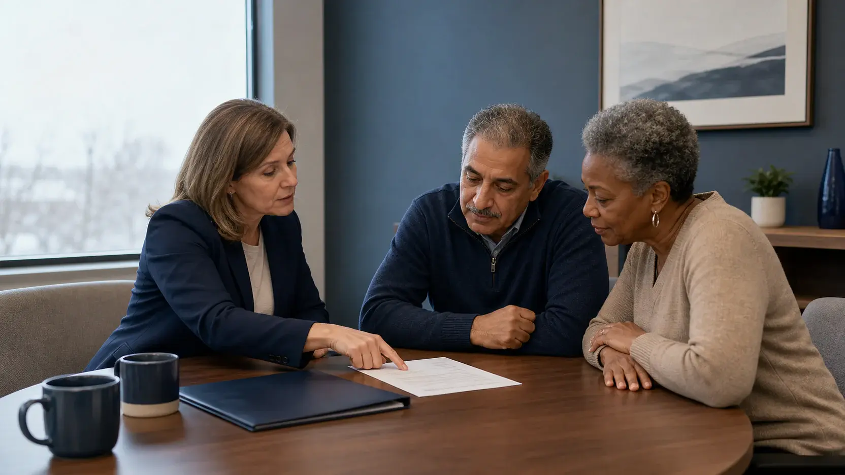 An advisor and a couple reviewing a policy together at a table.