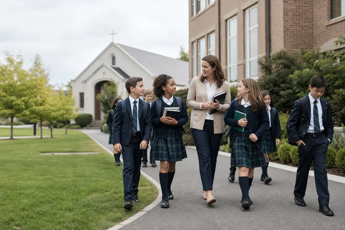 Students and a teacher at a faith-based school.