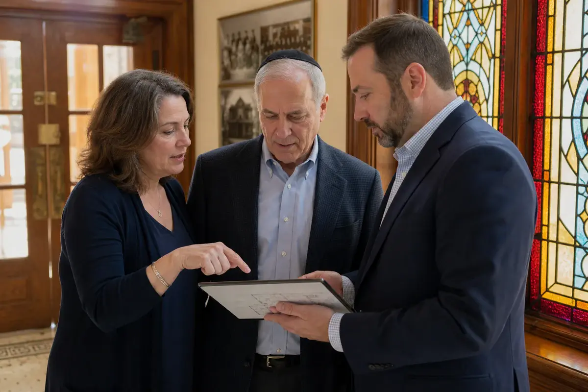 Synagogue board members reviewing a building plan with an insurance advisor